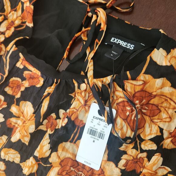 NWT Express Warm Tone Floral Crew Neck Long Sleeve Mini Shift Dress Women's Med - Picture 4 of 9